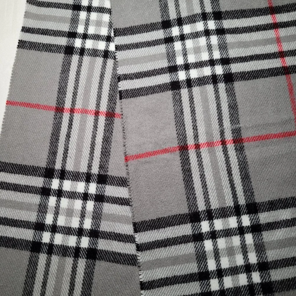 Womens Scarf Cashmere Blend Fringe Italy Design Gray Black Red Plaid - Picture 5 of 6